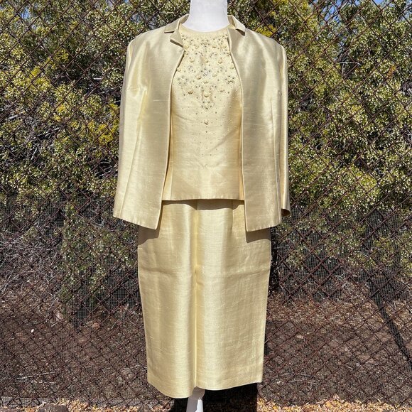 Vintage 60s 3-Piece Slubbed Silk Suit Embellished w/ Rhinestones, Pearls, Sz 14 - Picture 3 of 16